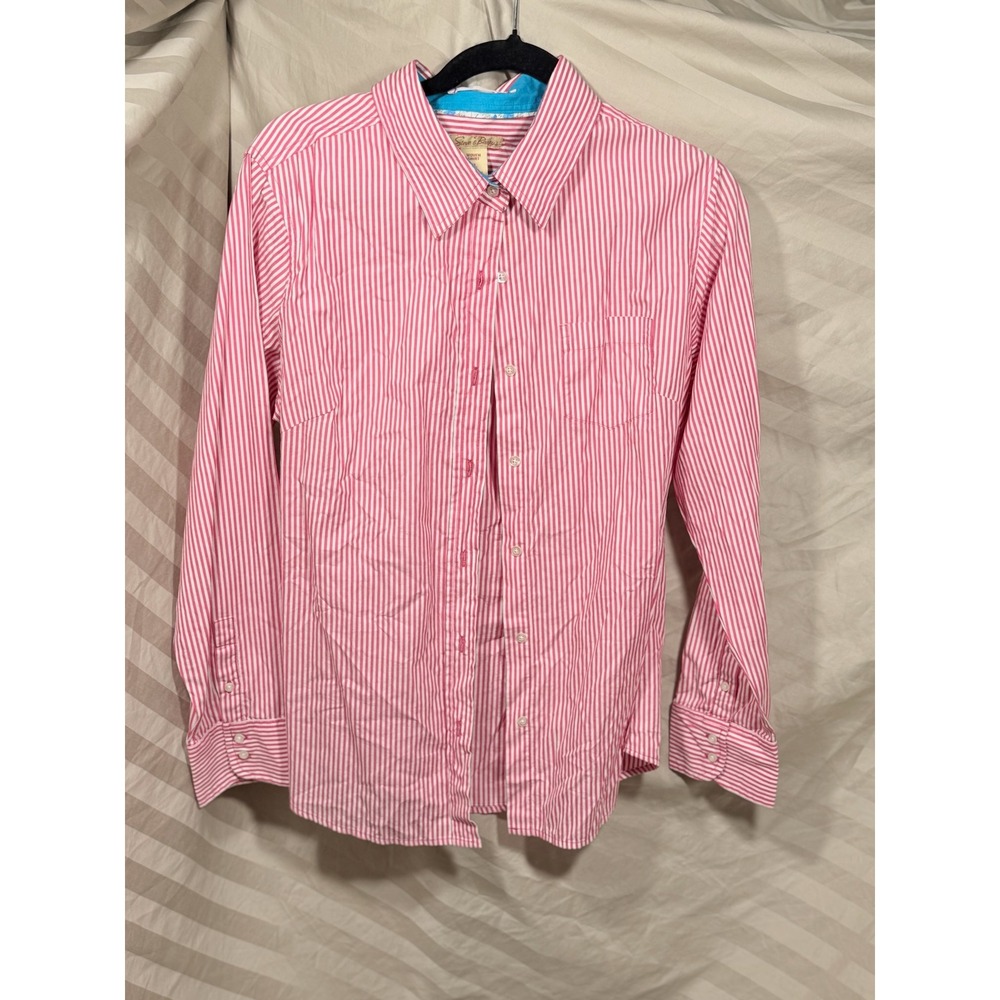 Steve & Barrys Womens XL Pink White Striped Cotton Button Down Long Sleeve Shirt